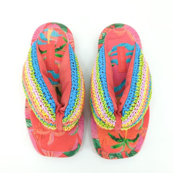 FARM RIO Women 6 Toucans Crochet Puffly Flip Flop Sandals Orange Pink Rainbow - Picture 2 of 8